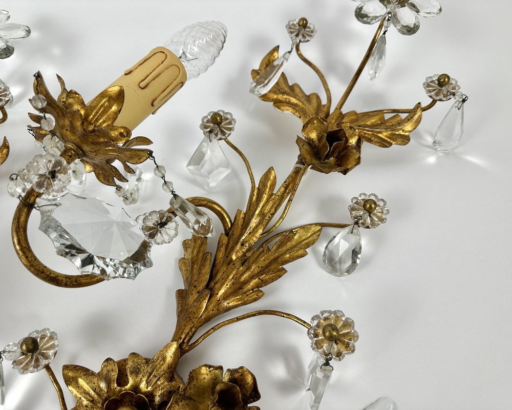 Gilt Metal Sconces with Crystal Flowers from Banci Firenze, Italy, 1950s, Set of 2