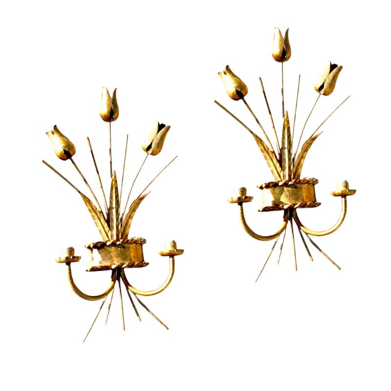 Gilt Metal Wall Sconces with Flowers, Set of 2