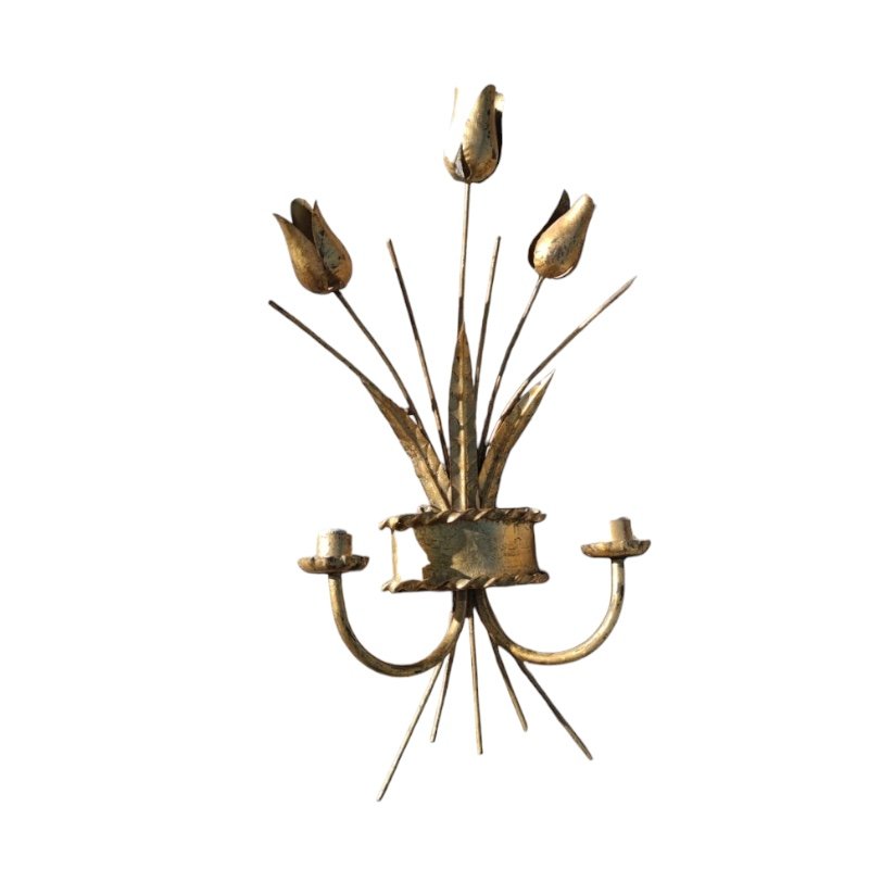 Gilt Metal Wall Sconces with Flowers, Set of 2