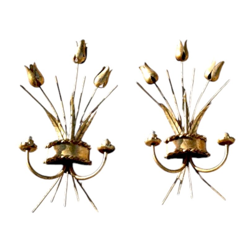 Gilt Metal Wall Sconces with Flowers, Set of 2