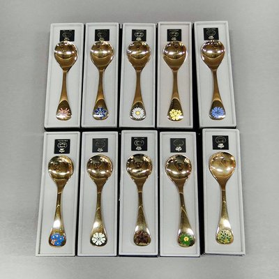 Gilt Sterling Silver with Enamel Floral Decor Spoons by Annelise Björner for Georg Jensen, Denmark, 1980s, Set of 10-YGE-664574