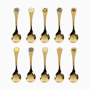 Gilt Sterling Silver with Enamel Floral Decor Spoons by Annelise Björner for Georg Jensen, Denmark, 1980s, Set of 10-YGE-664574