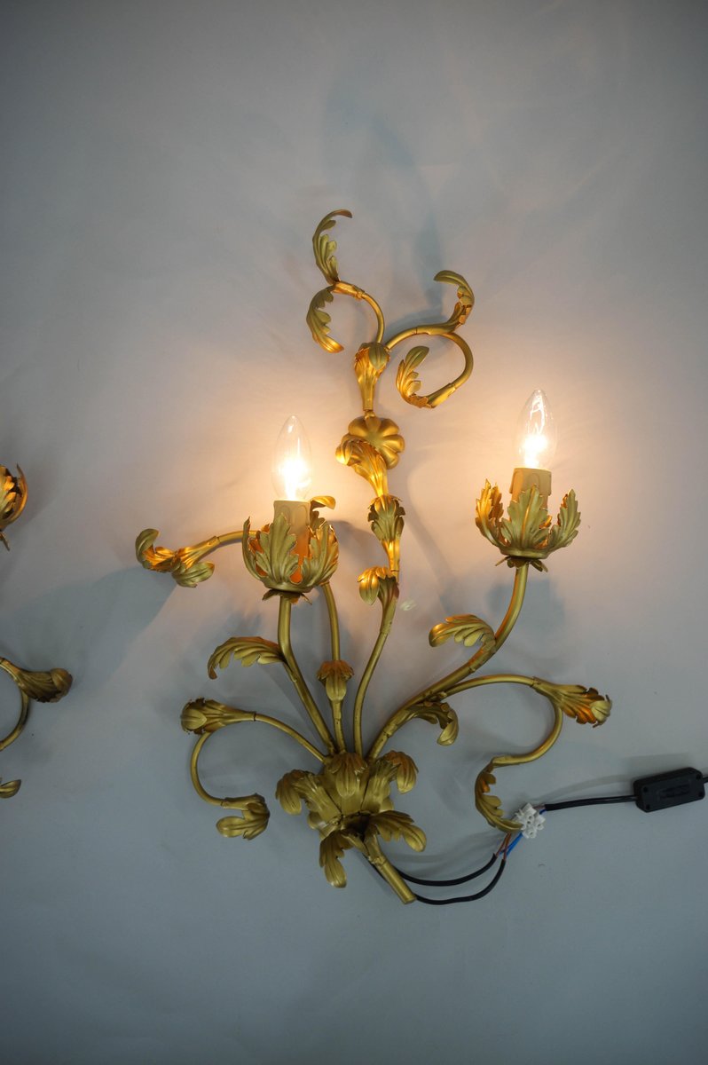 Gilt Wall Lamps, Italy, 1960s, Set of 2