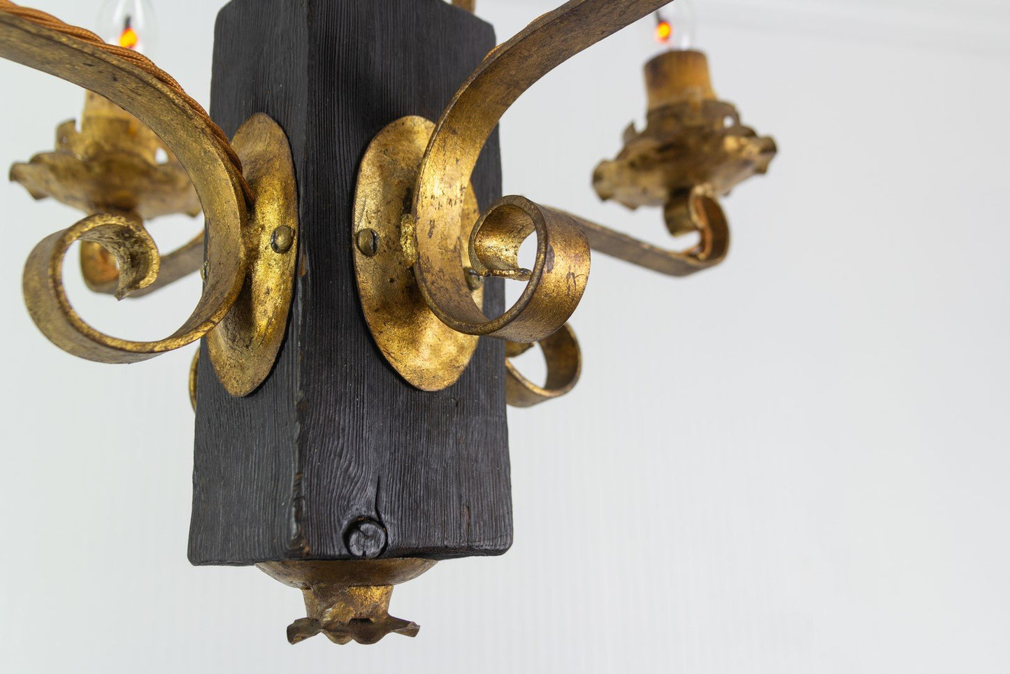 Gilt Wrought Iron and Black Wood Chandelier