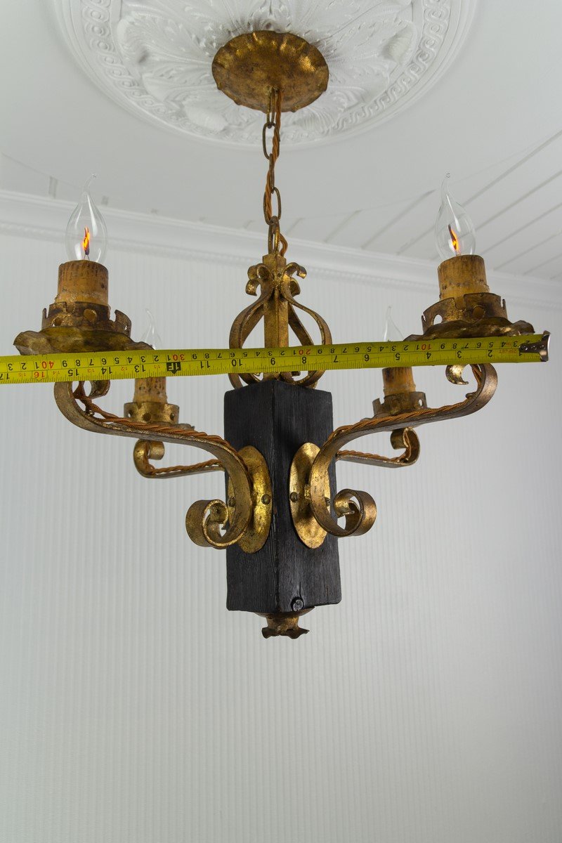 Gilt Wrought Iron and Black Wood Chandelier