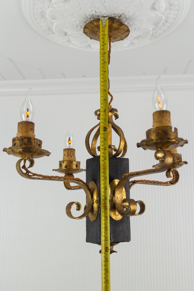 Gilt Wrought Iron and Black Wood Chandelier