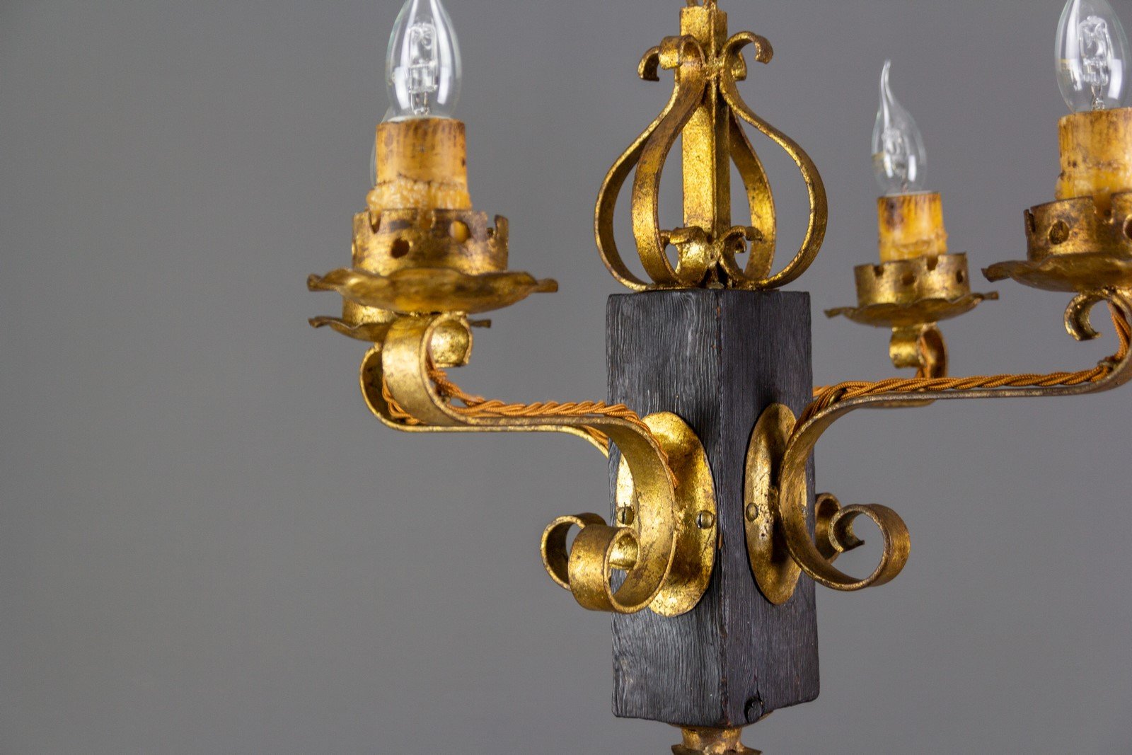 Gilt Wrought Iron and Black Wood Chandelier