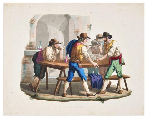 Gioco di Morra - Etching a Watercolor by Bartolomeo Pinelli - 19th Century 19th Century-ZCI-761824