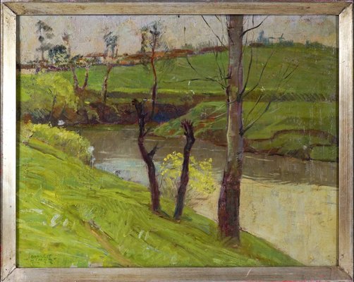 Giorgio Hinna, Landscape with River and Trees, 1920s, Oil on Canvas-QOR-2023489