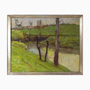 Giorgio Hinna, Landscape with River and Trees, 1920s, Oil on Canvas-QOR-2023489