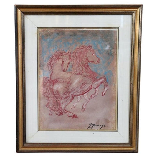 Giovan Francesco Gonzaga, Horses, 21st Century, Colored Crayon on Paper, Framed