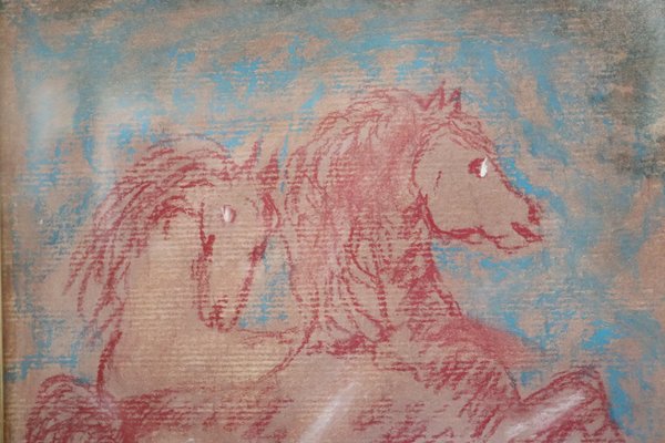 Giovan Francesco Gonzaga, Horses, 21st Century, Colored Crayon on Paper, Framed-DCO-1399116