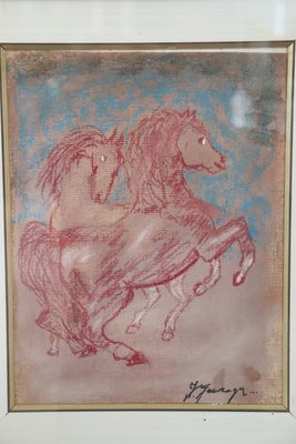 Giovan Francesco Gonzaga, Horses, 21st Century, Colored Crayon on Paper, Framed-DCO-1399116