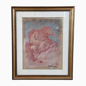 Giovan Francesco Gonzaga, Horses, 21st Century, Colored Crayon on Paper, Framed-DCO-1399116