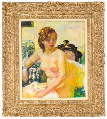 Giovanna Cellini, A. Miles & A. Pomi, Sitting Female Nude, Oil on Canvas, 1950s, Framed-OGW-1680813