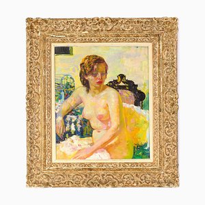 Giovanna Cellini, A. Miles & A. Pomi, Sitting Female Nude, Oil on Canvas, 1950s, Framed-OGW-1680813