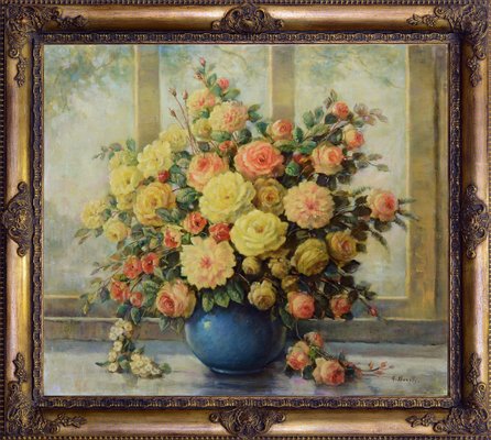 Giovanni Bonetti, Floral Arrangement in a Blue Vase, 1980s, Oil on Canvas, Framed-VHF-2018145