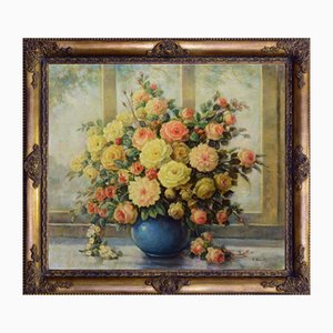 Giovanni Bonetti, Floral Arrangement in a Blue Vase, 1980s, Oil on Canvas, Framed-VHF-2018145