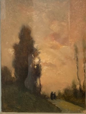 Giovanni Colmo, Landscape at Sunset with Figures on the Horizon, Oil on Canvas, 1890-QUE-986041