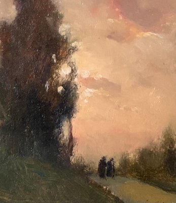 Giovanni Colmo, Landscape at Sunset with Figures on the Horizon, Oil on Canvas, 1890-QUE-986041