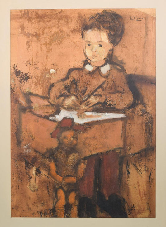 Girl and Puppet with Toy Horse, Mid-20th Century, Oil on Paper or Card