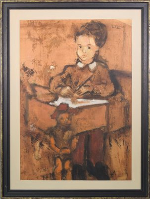 Girl and Puppet with Toy Horse, Mid-20th Century, Oil on Paper or Card-AOI-1106859