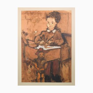 Girl and Puppet with Toy Horse, Mid-20th Century, Oil on Paper or Card-AOI-1106859