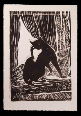 Giselle Halff, Black Cat by the Window, Woodcut Print, Early 20th Century, Framed-ZCI-1403440