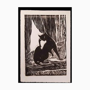 Giselle Halff, Black Cat by the Window, Woodcut Print, Early 20th Century, Framed-ZCI-1403440