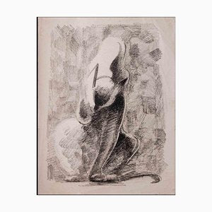 Giselle Halff, Cat, Charcoal Drawing, Mid 20th Century-ZCI-1344776