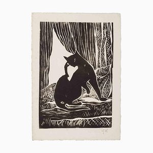 Giselle Halff, Cat, Original Woodcut, Mid 20th-Century-ZCI-1362553