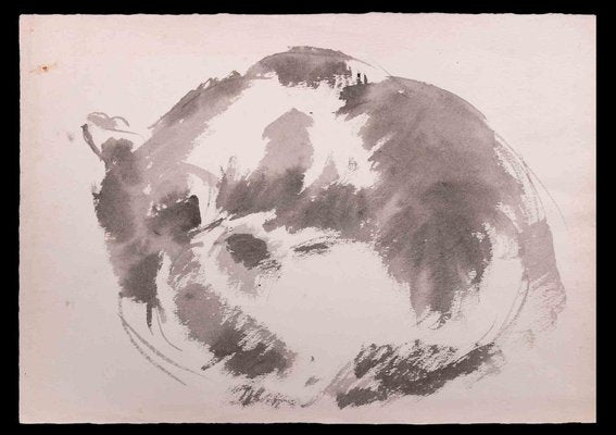 Giselle Halff, Sleeping Cat, Carbon Pencil and Watercolor, 1960-ZCI-1342853