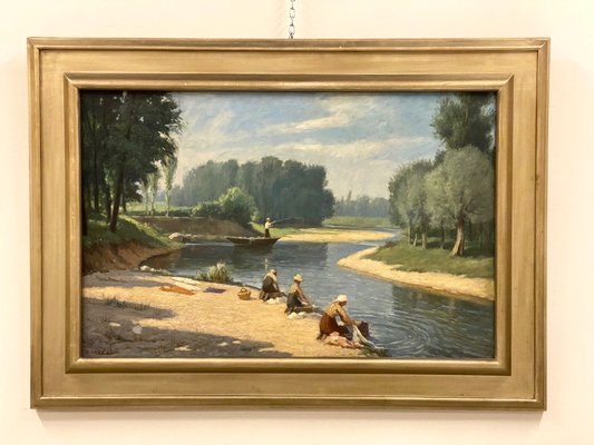 Giulio Vanzaghi, Women by River, 1960s, Oil on Canvas, Framed-NPC-1180550