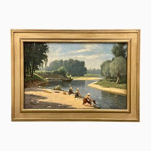 Giulio Vanzaghi, Women by River, 1960s, Oil on Canvas, Framed-NPC-1180550