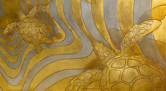 Giuseppe Caiafa, Endangered Sea Turtles Art: Modern Art Series, 2024, Gold & Silver Leaf & Oil on Panel