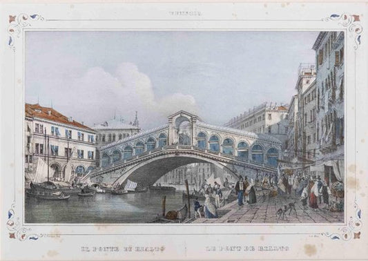 Giuseppe Kier, The Rialto Bridge, Lithograph, 19th Century