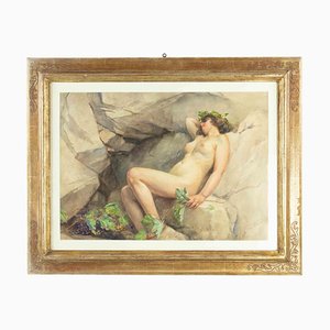 Giuseppe Lallich, Naked Woman on the Rocks, Watercolor, Early 20th Century, Framed-ZCI-1769991