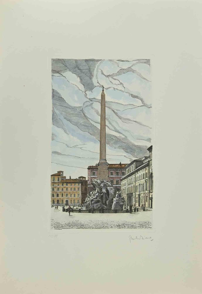 Giuseppe Malandrino, Fontana dei Quattro Fiumi, Etching, 1970s