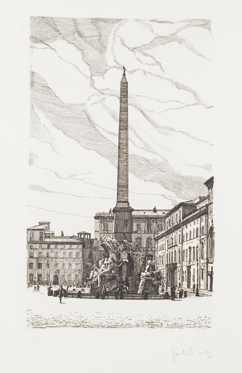 Giuseppe Malandrino - Fountain of the 4 Rivers - Navona Square - Etching - 1970