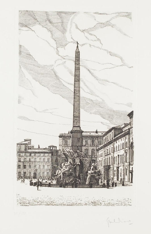 Giuseppe Malandrino - Fountain of the 4 Rivers - Navona Square - Etching - 1970