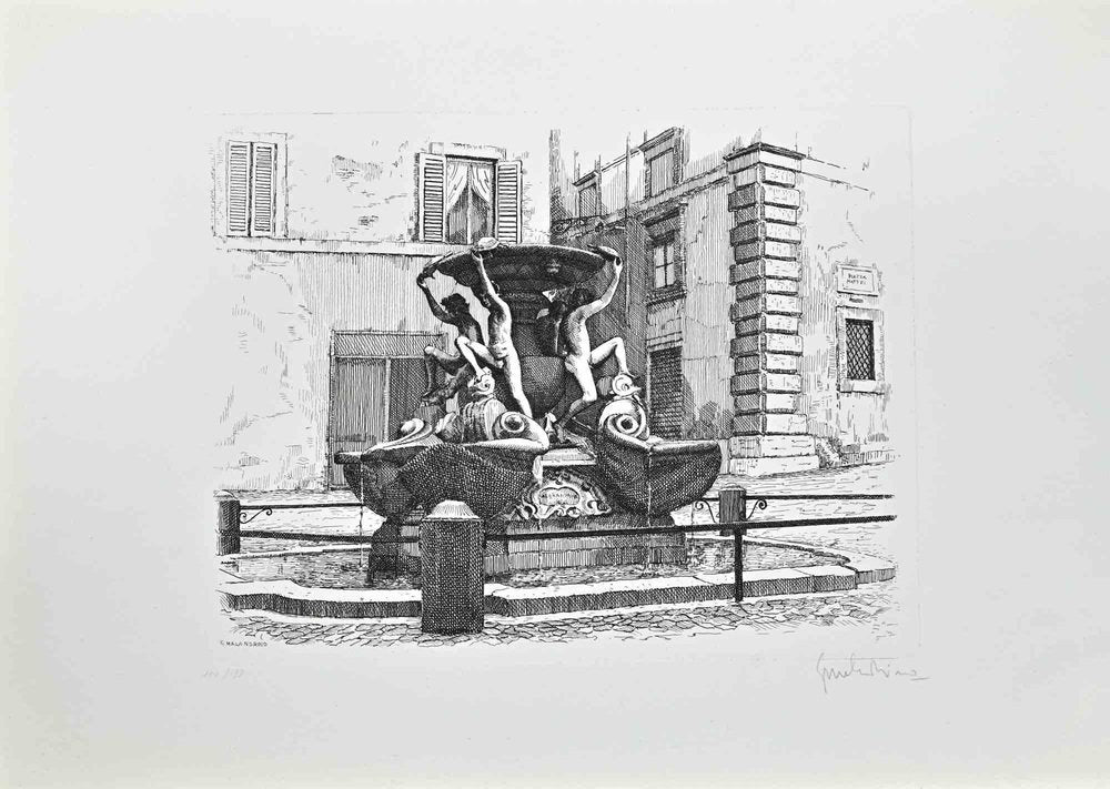 Giuseppe Malandrino, Fountain of the Turtles, Etching, 1970s