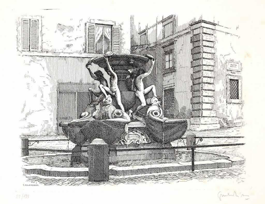 Giuseppe Malandrino, Fountain of the Turtles, Etching, 1970s