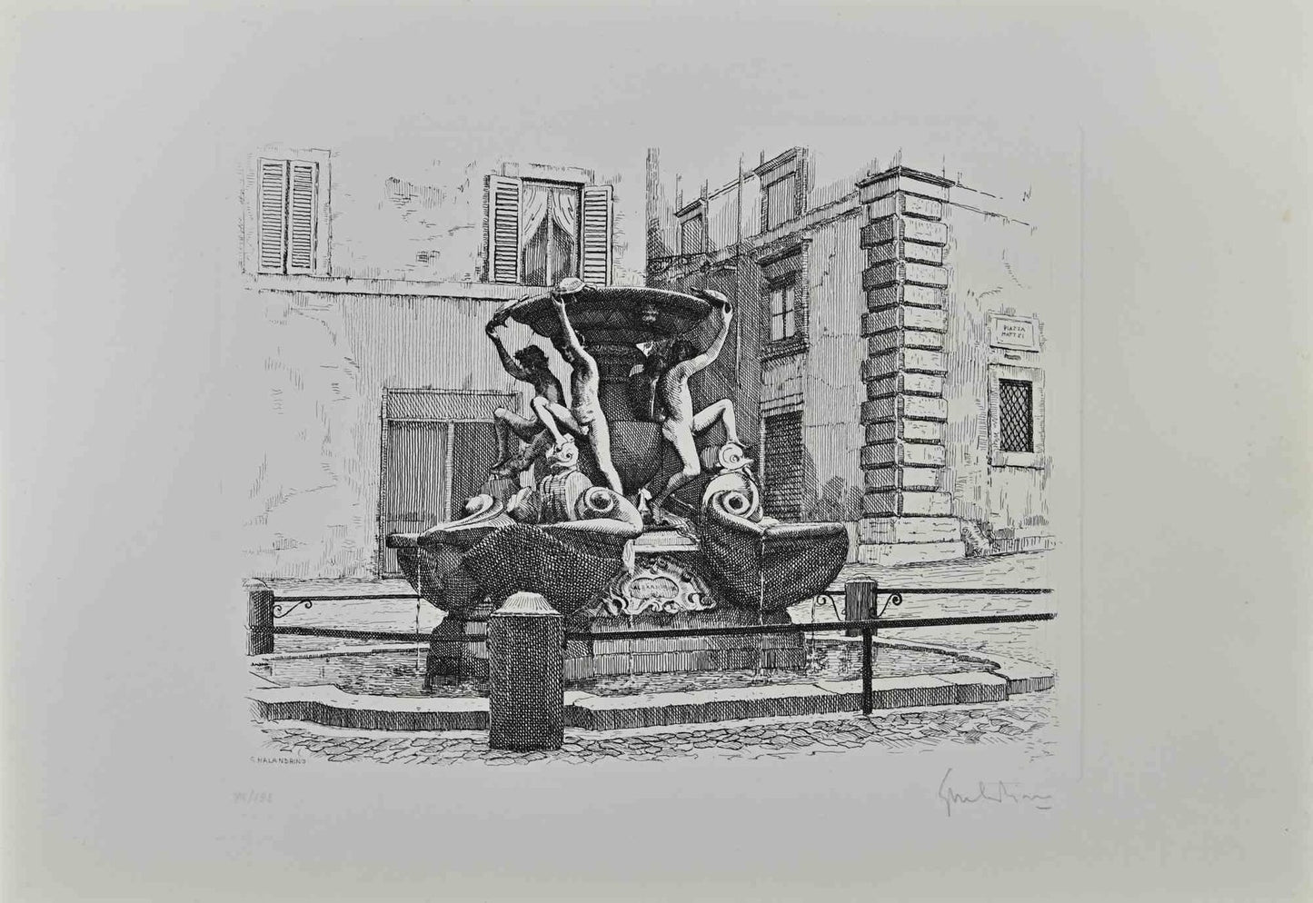 Giuseppe Malandrino, Fountain of the Turtles, Original Etching, 1970