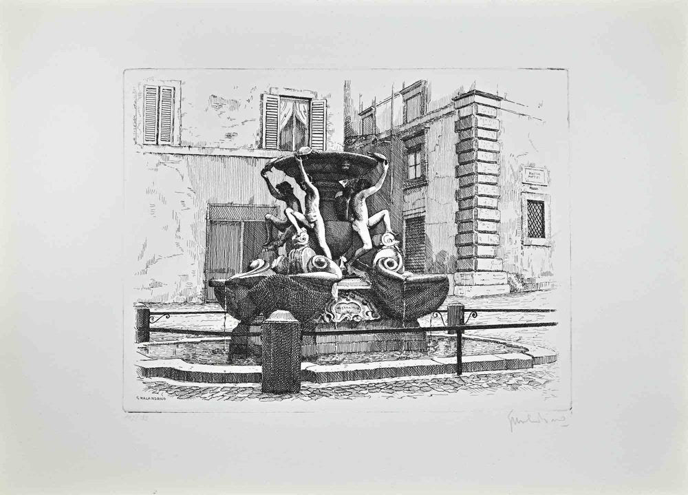 Giuseppe Malandrino, Fountain of the Turtles -Rome, 1970s, Etching