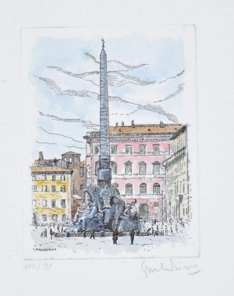 Giuseppe Malandrino, Navona Square, Etching, 1960