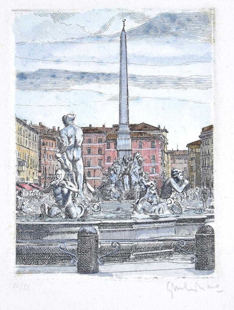 Giuseppe Malandrino, Navona Square, Etching, 1960s