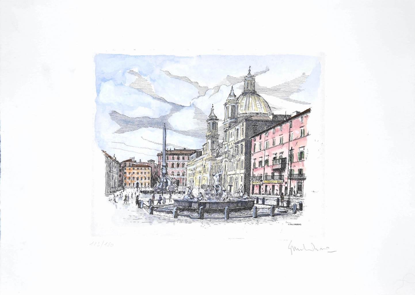 Giuseppe Malandrino, Navona Square, Etching, 1960s