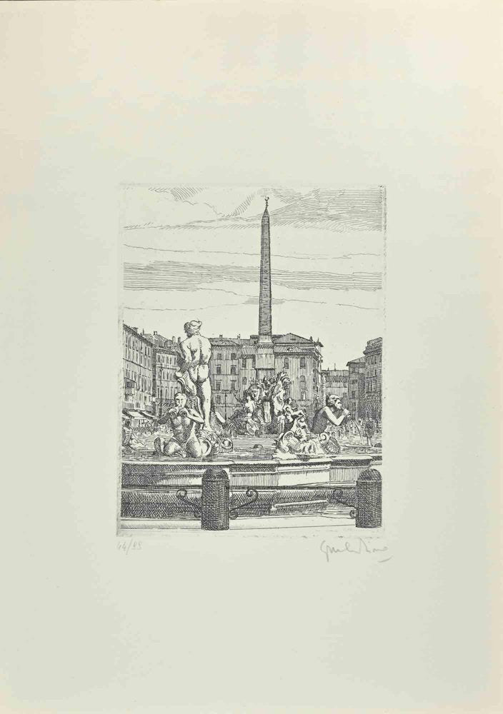 Giuseppe Malandrino, Navona Square, Fountain of 4 Rivers, Etching, 1970s