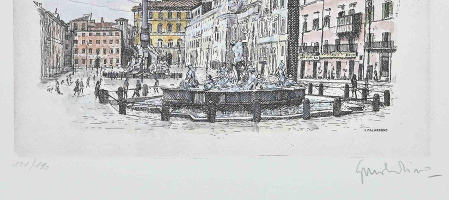 Giuseppe Malandrino, Navona Square, Fountain of 4 Rivers, Etching, 1970s-ZCI-2029476