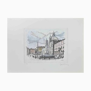 Giuseppe Malandrino, Navona Square, Fountain of 4 Rivers, Etching, 1970s-ZCI-2029476